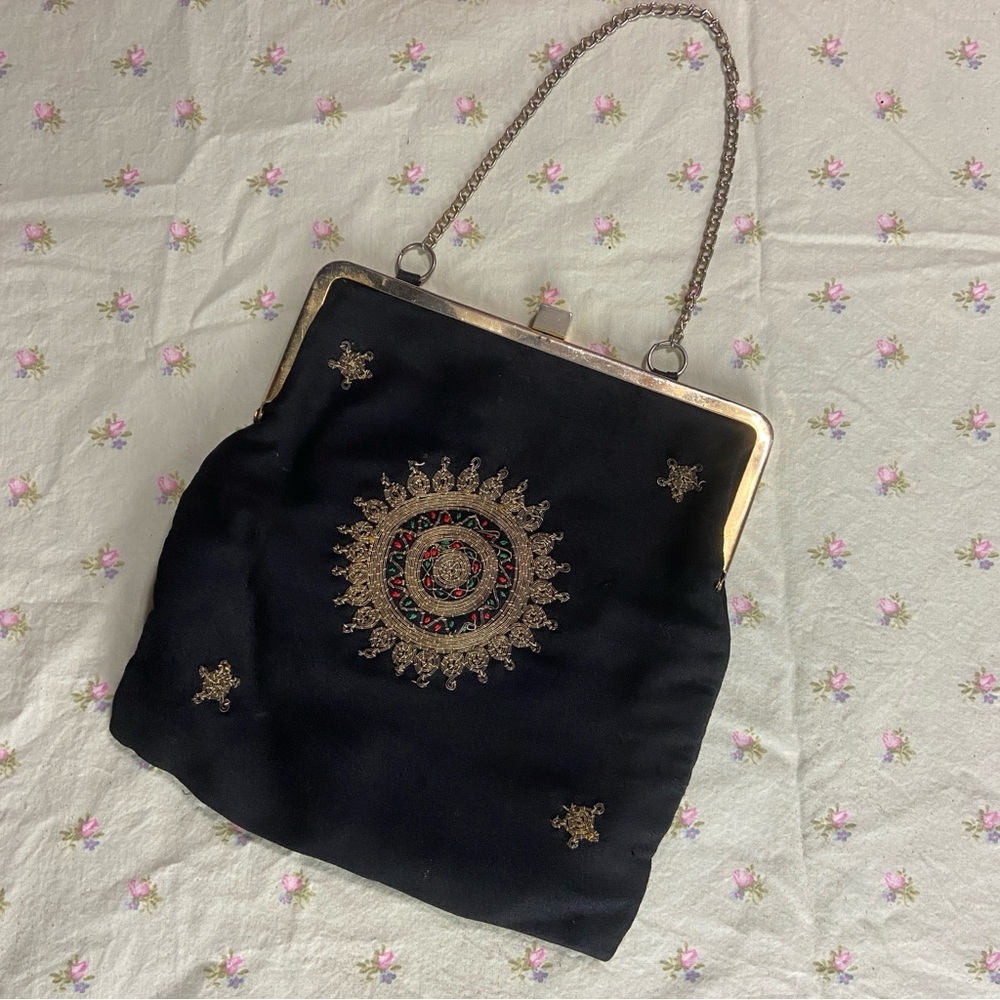 ♥️6 Hour SALE♥️ Vintage Cotton Elegant Black Gold Embroidered Hand Bag
